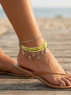 Free People Yellow Beaded Anklet with Silver Charms